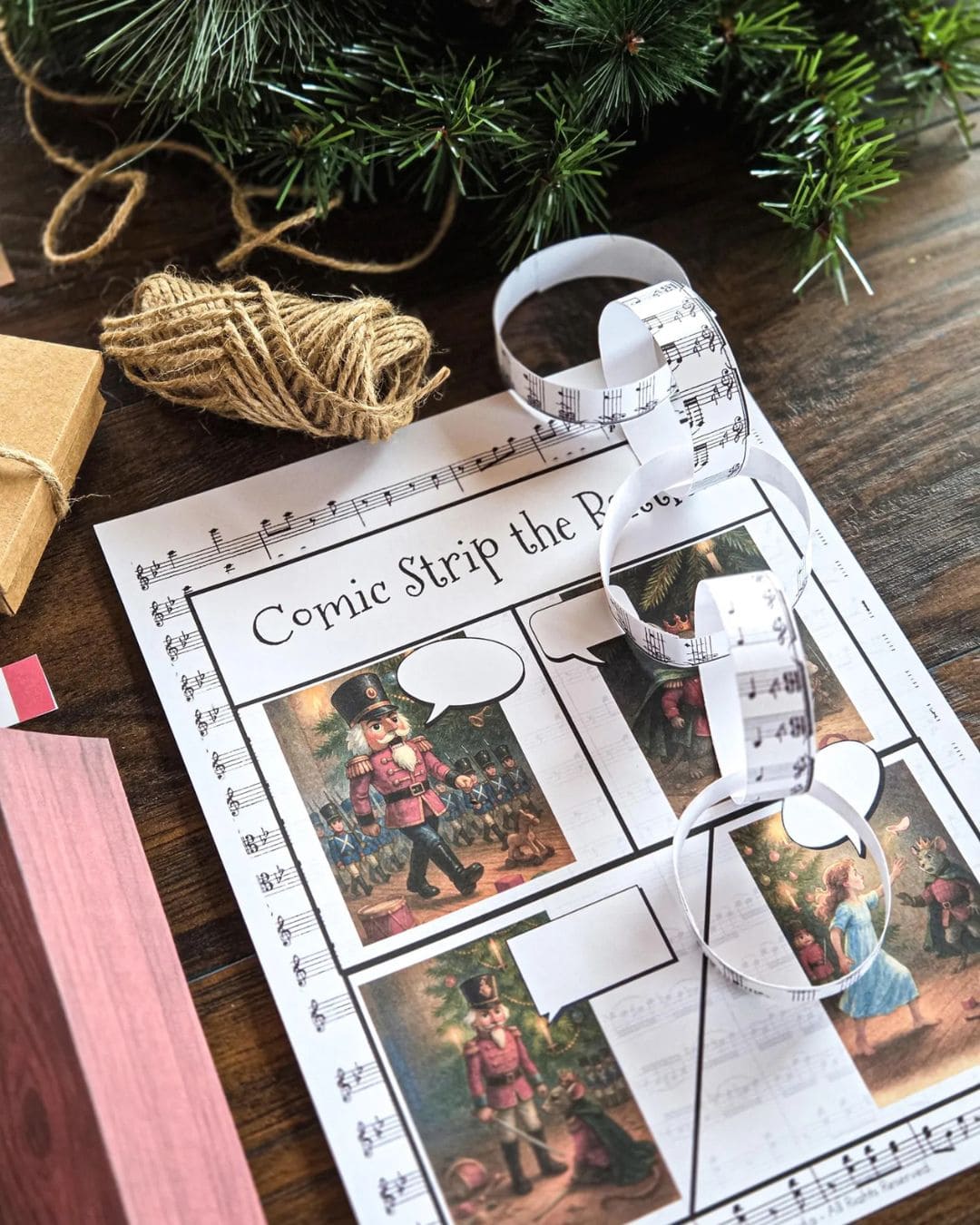 Comic strip paper with a measuring tape on a wooden surface with Christmas decorations.