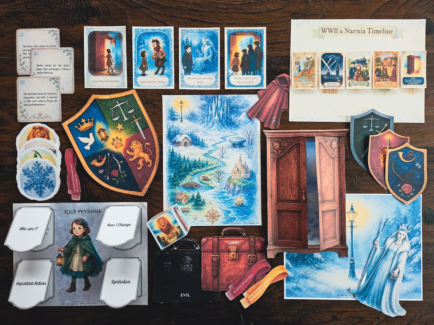 Narnia Book Study and Activity Pack flatlay with map, wardrobe, character cutouts, and WWII timeline – for homeschool literature