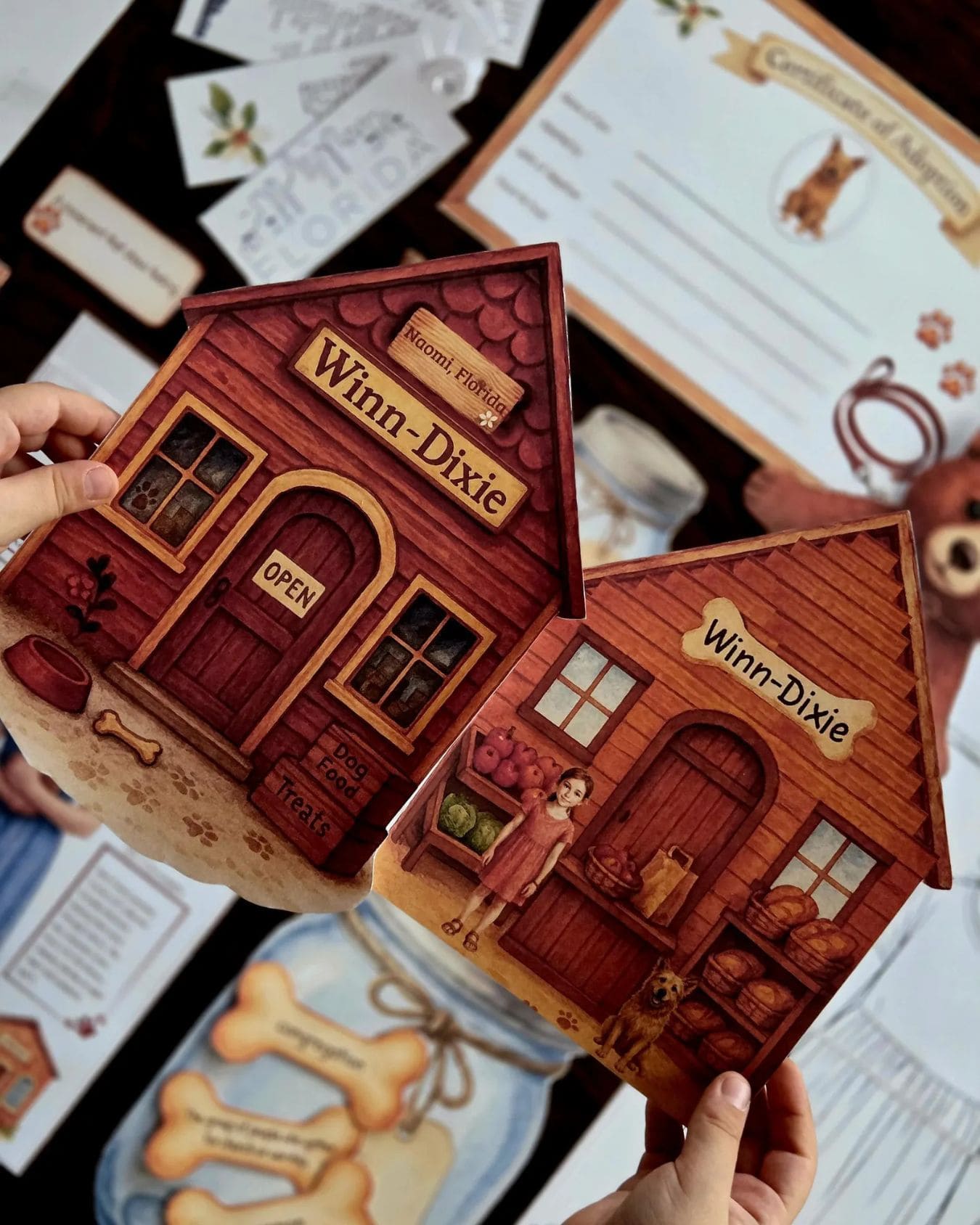 Front and inside cover of the Winn-Dixie foldable store book with hand-drawn illustrations from the novel study