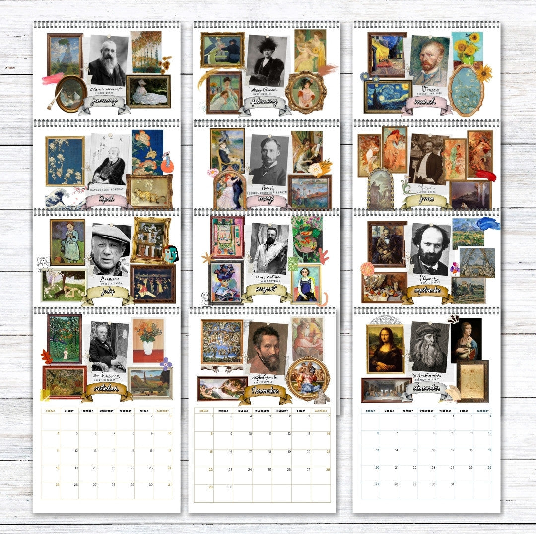 2026 Wall Art Calendar with portraits of famous artists on a white background