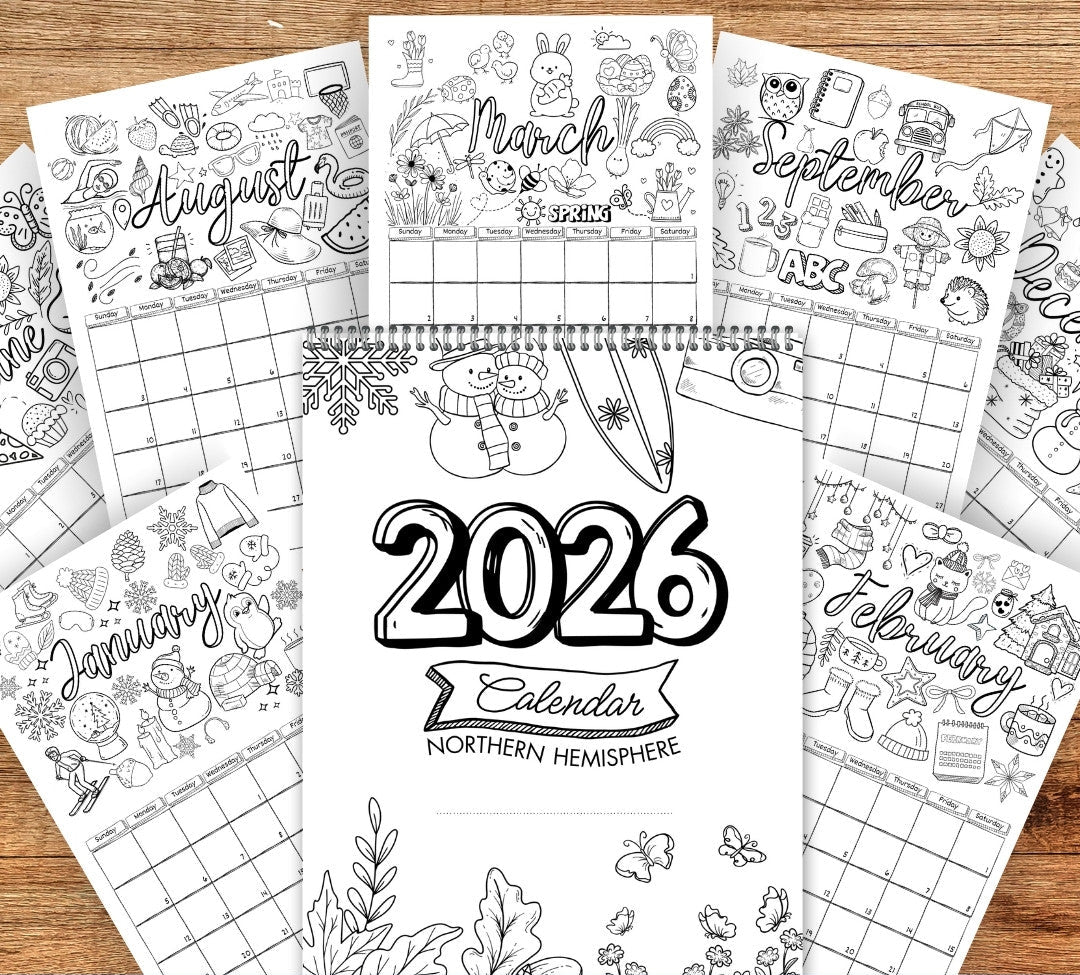 2026 Wall Coloring Calendar with monthly layouts on a wooden surface
