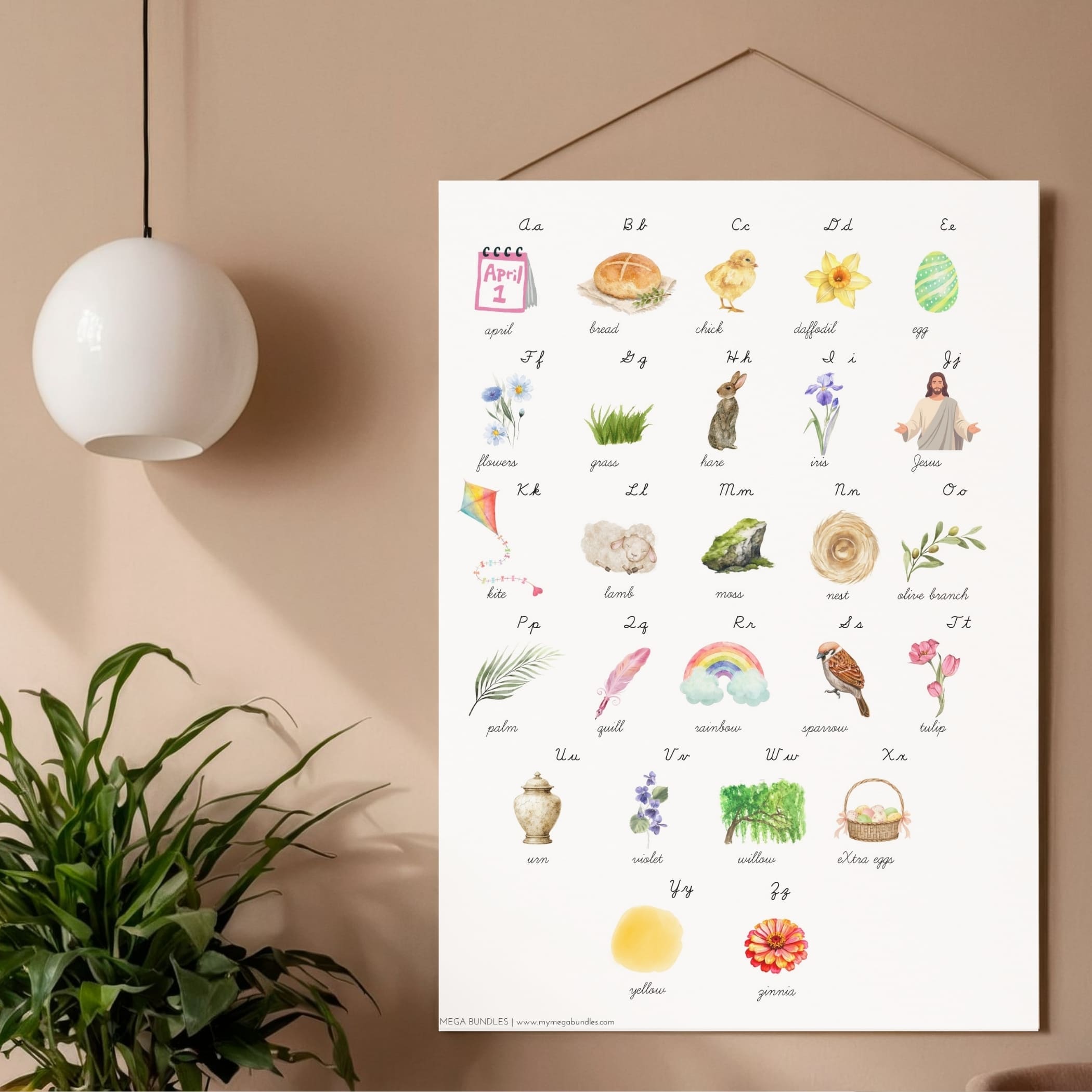 Easter Alphabet Cards Printable Print Cursive Homeschool | Preschool Kindergarten Alphabet Posters PDF | Initial Letter Cards Charlotte Mason Ages 3-8