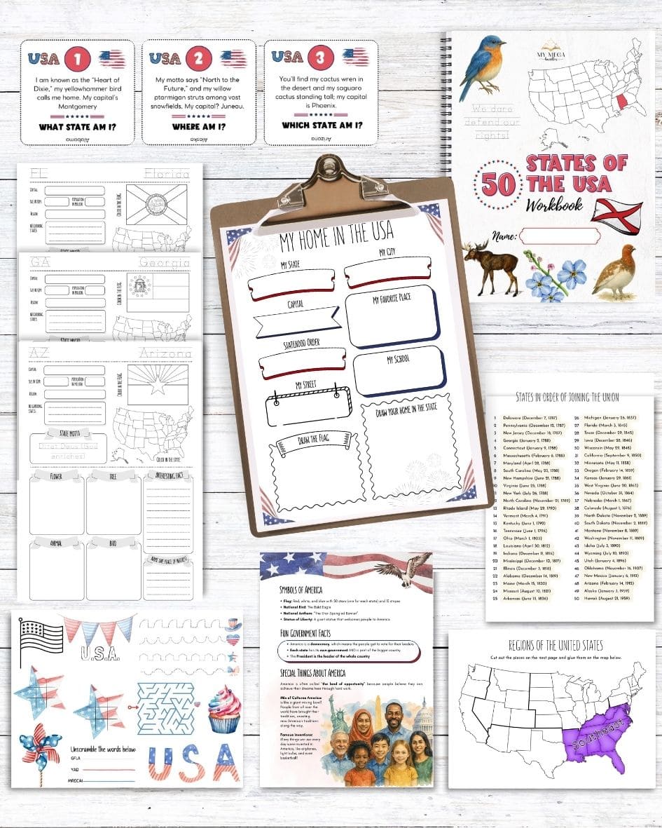 50 States USA Homeschool Workbook – Activities, Maps & Puzzles