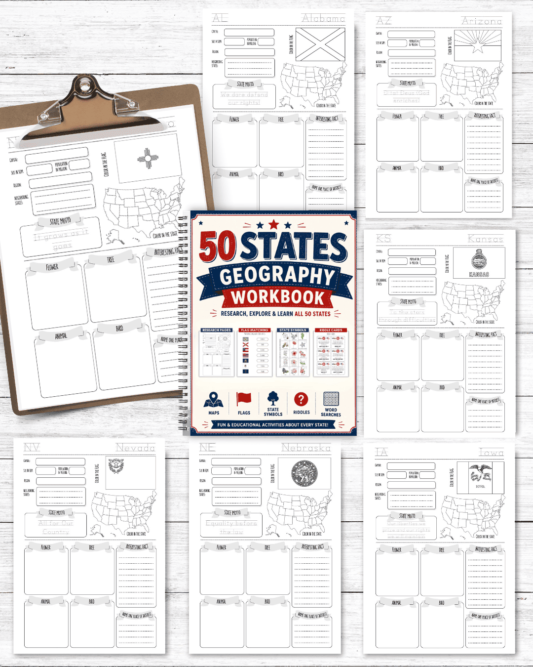 50 States USA Geography Homeschool Workbook – Activities, Maps & Puzzles
