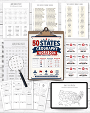 50 States USA Geography Homeschool Workbook – Activities, Maps & Puzzles