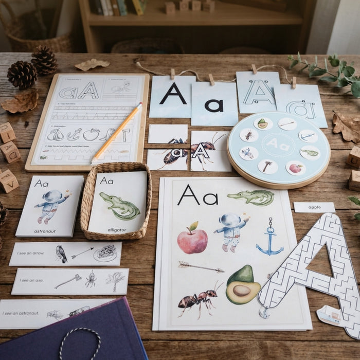 Alphabet letter cards and play activities on a table
