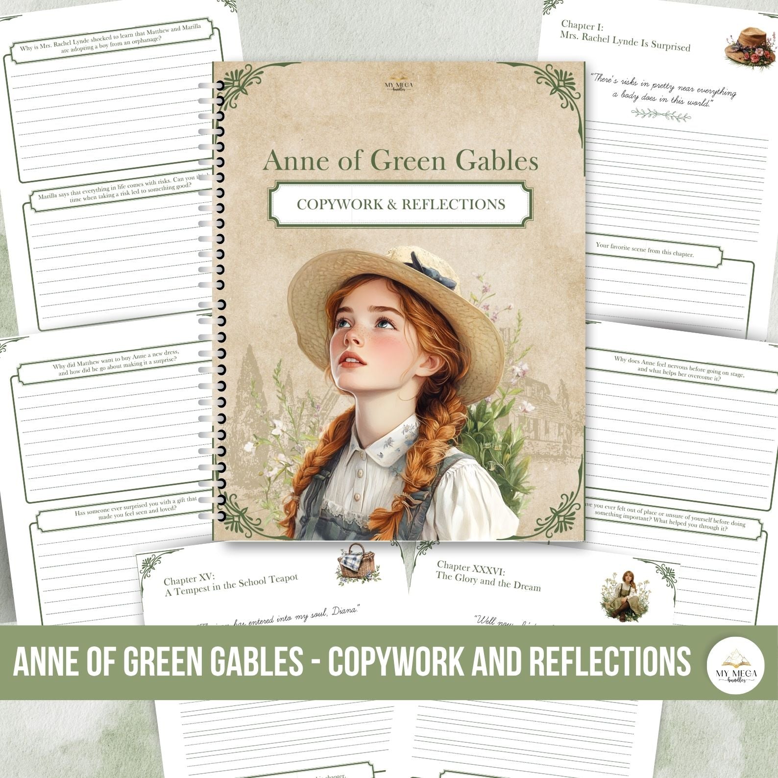 Open spread of chapter worksheets with literary quotes and lined writing prompts