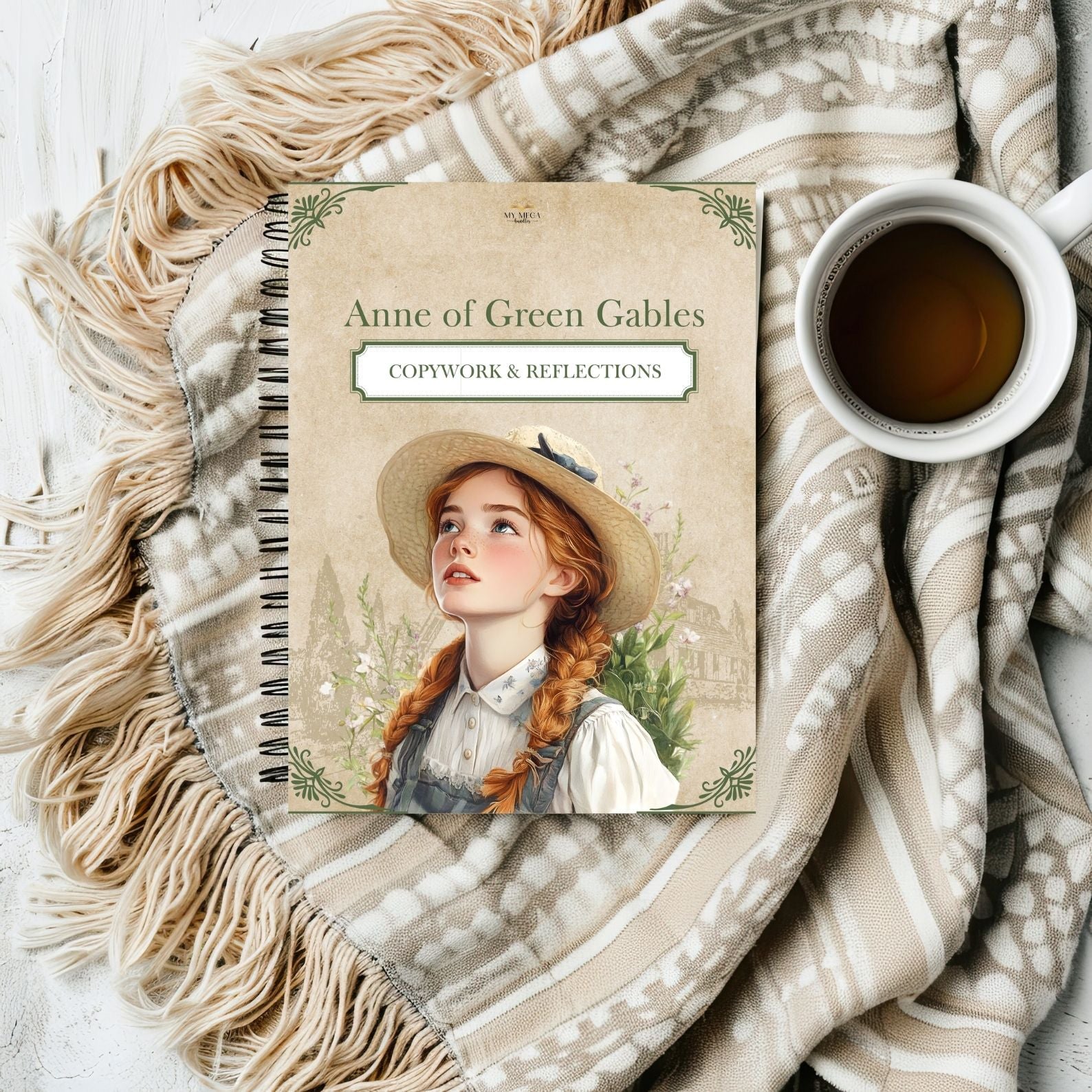 Anne of Green Gables printable notebook styled with cozy blanket and tea