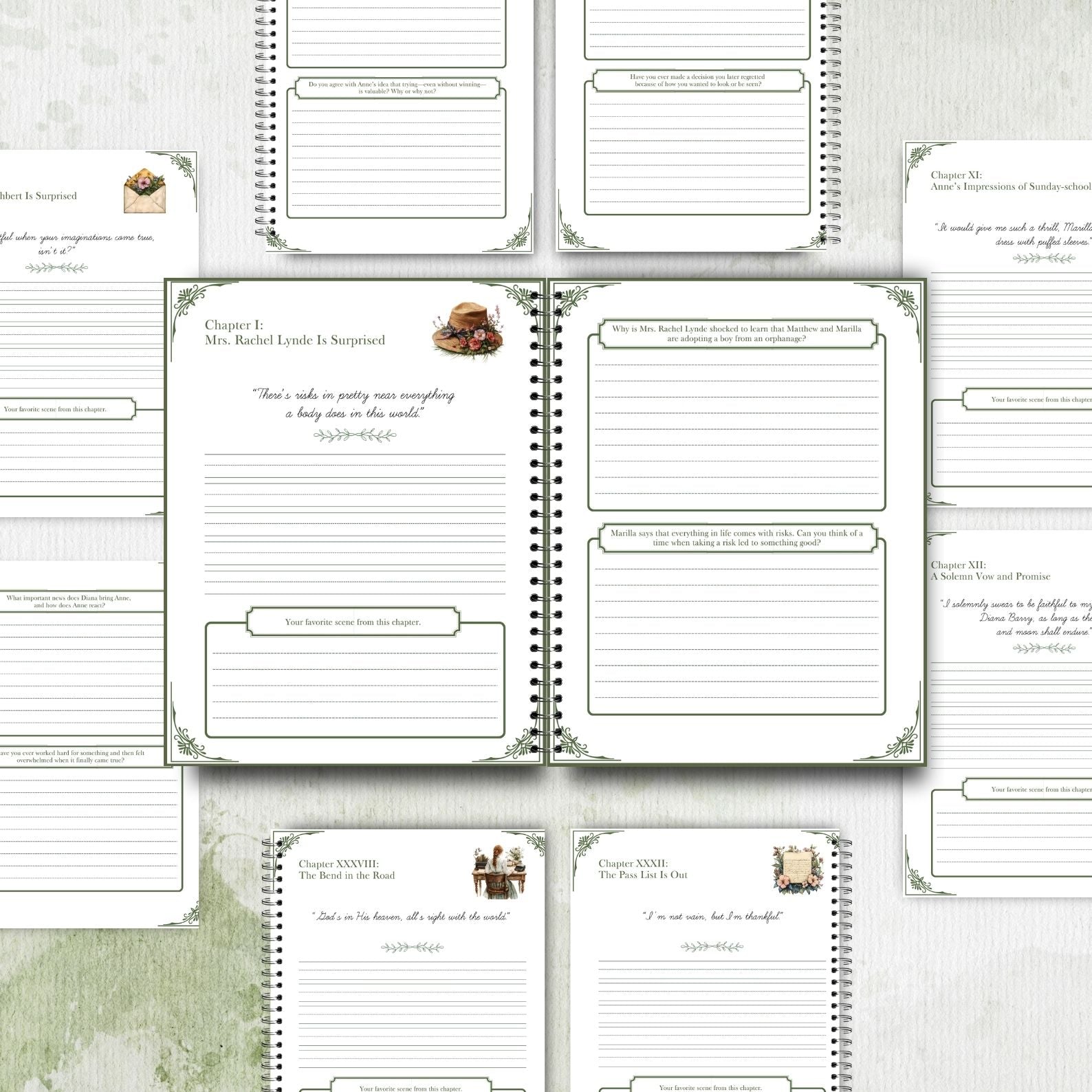 Open spread of chapter worksheets with literary quotes and lined writing prompts
