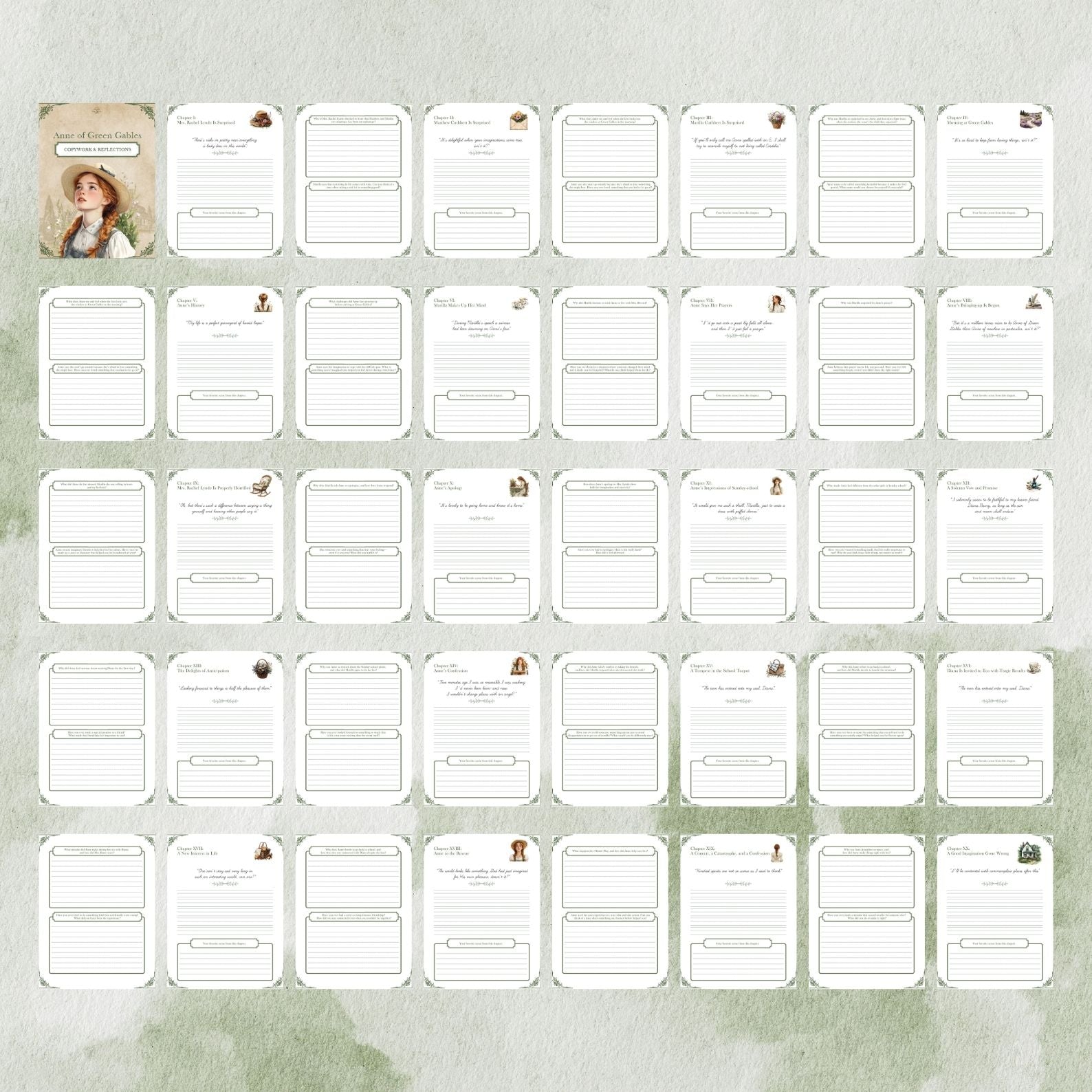 Full visual grid of all 80 printable pages in the Anne of Green Gables workbook
