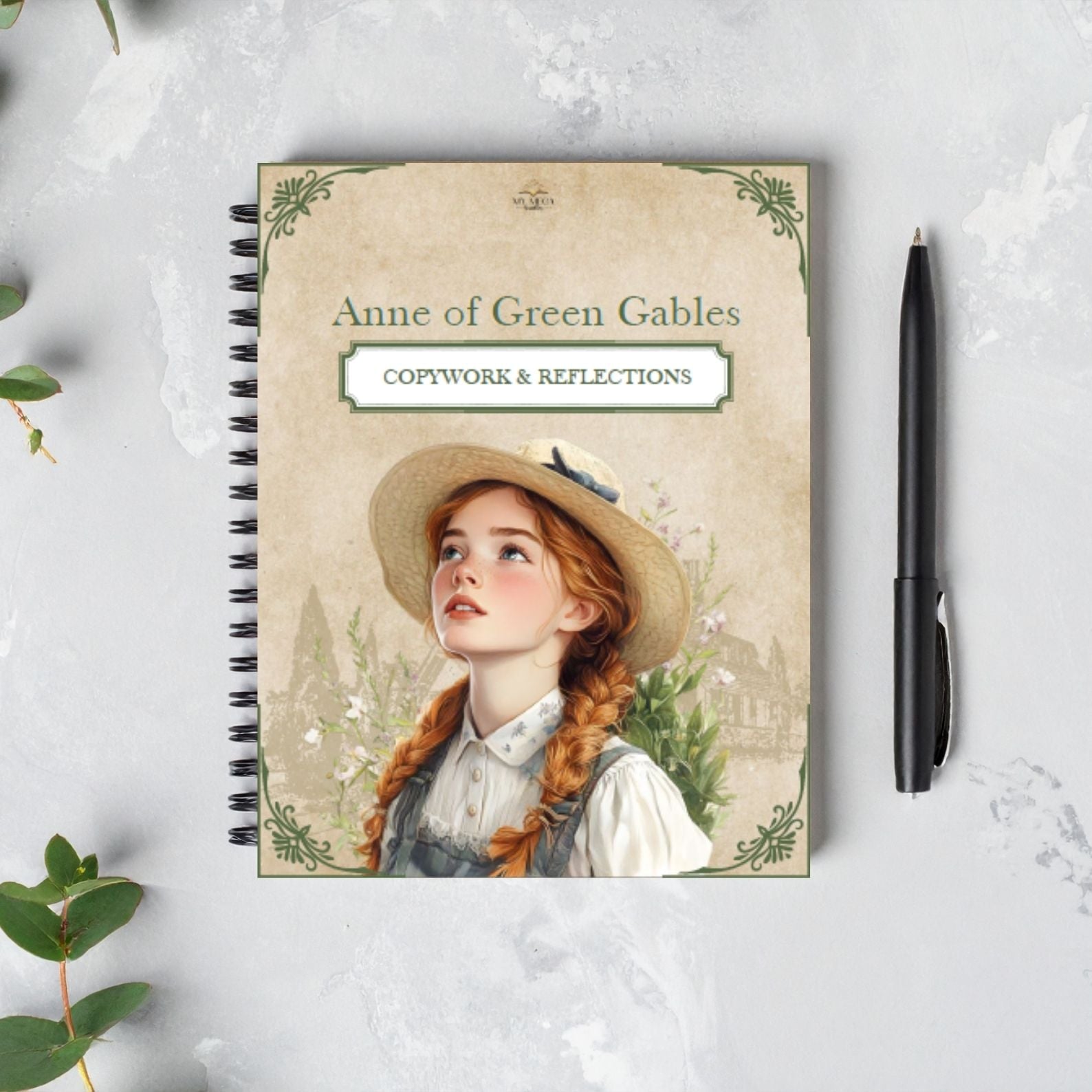 Cover image of Anne of Green Gables Copywork and Reflections notebook on light background with pen