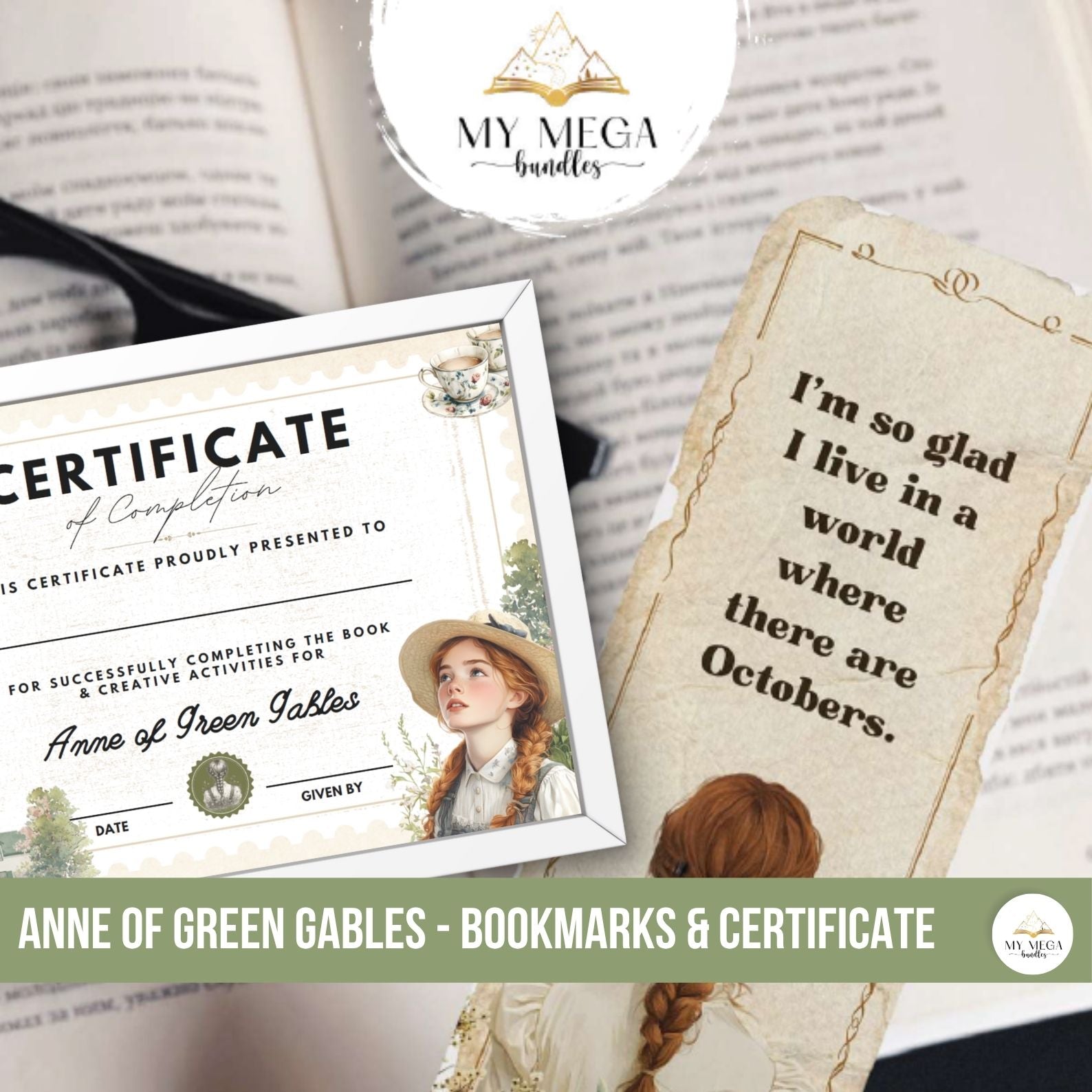 Printable homeschool certificate and bookmarks inspired by Anne of Green Gables