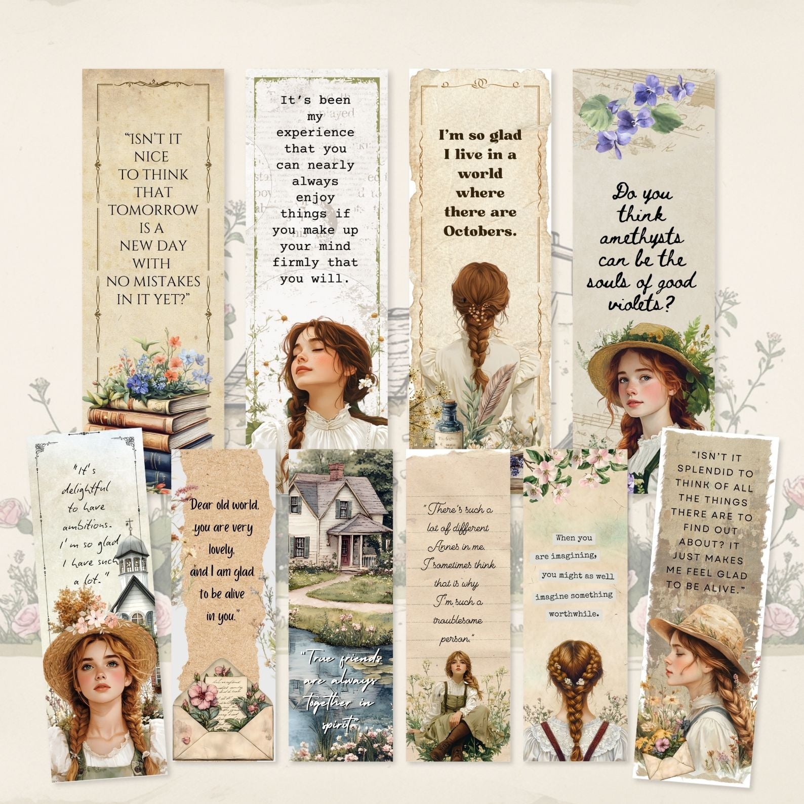 Full set of Anne of Green Gables quote bookmarks with floral and scenic designs
