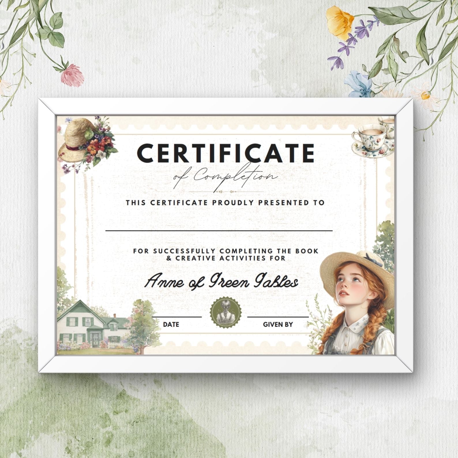 Anne of Green Gables certificate of completion with vintage floral and Anne illustration