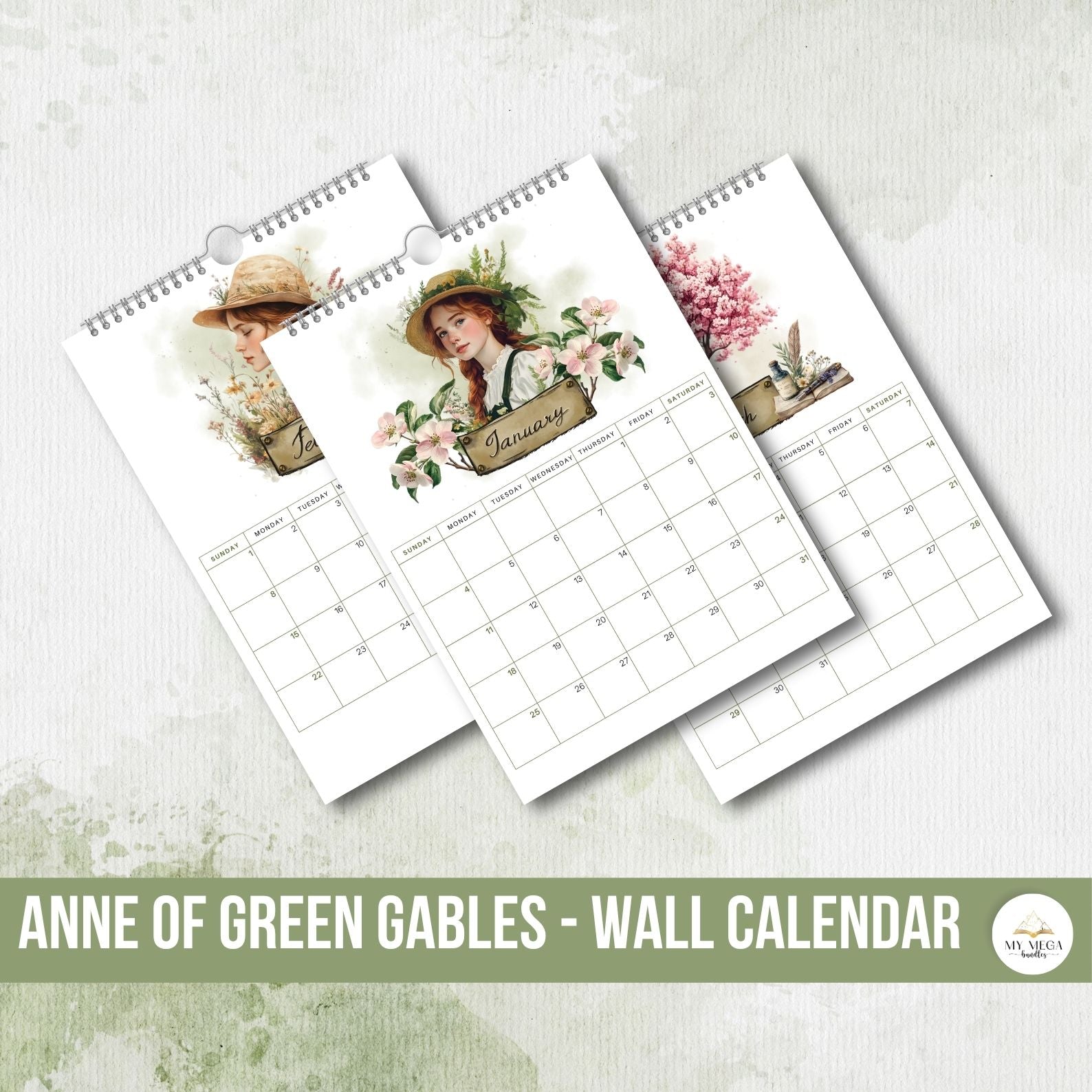 Illustrated monthly planner pages inspired by Anne of Green Gables