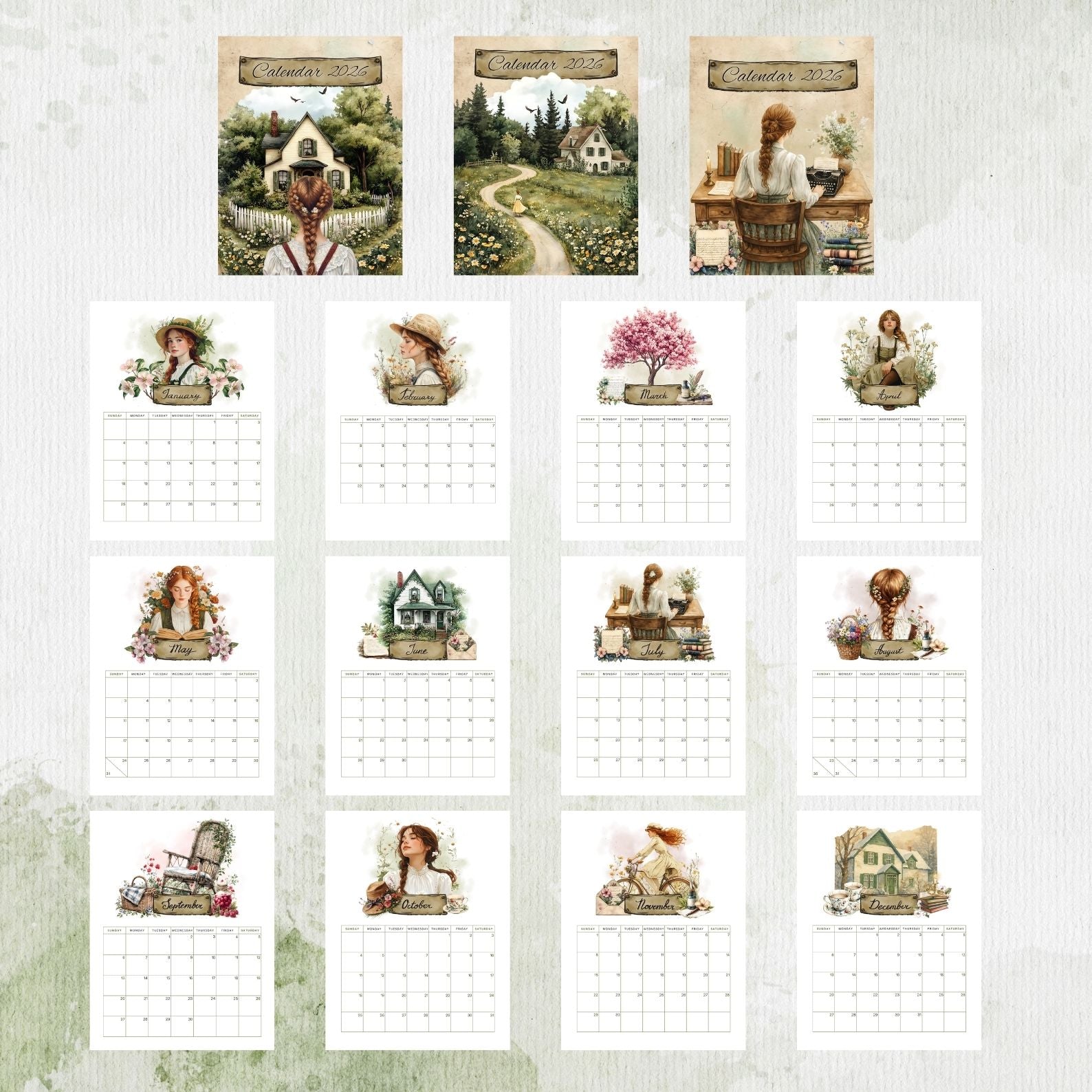 2026 Anne of Green Gables printable calendar with illustrated cover options