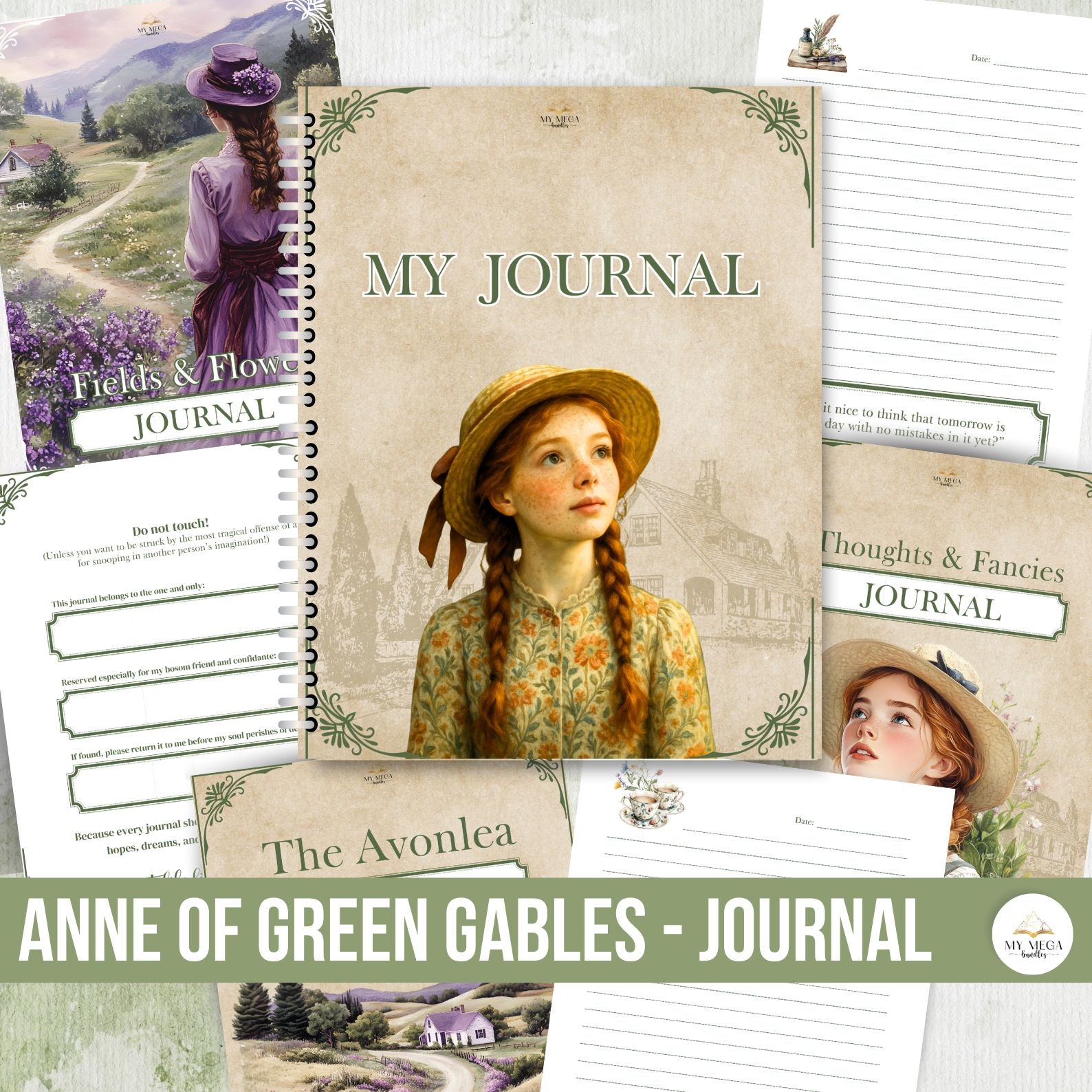 Flat lay of Anne of Green Gables journal with illustrated cover of Anne in straw hat, surrounded by interior pages featuring quotes and vintage illustrations