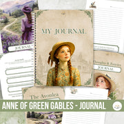 Flat lay of Anne of Green Gables journal with illustrated cover of Anne in straw hat, surrounded by interior pages featuring quotes and vintage illustrations