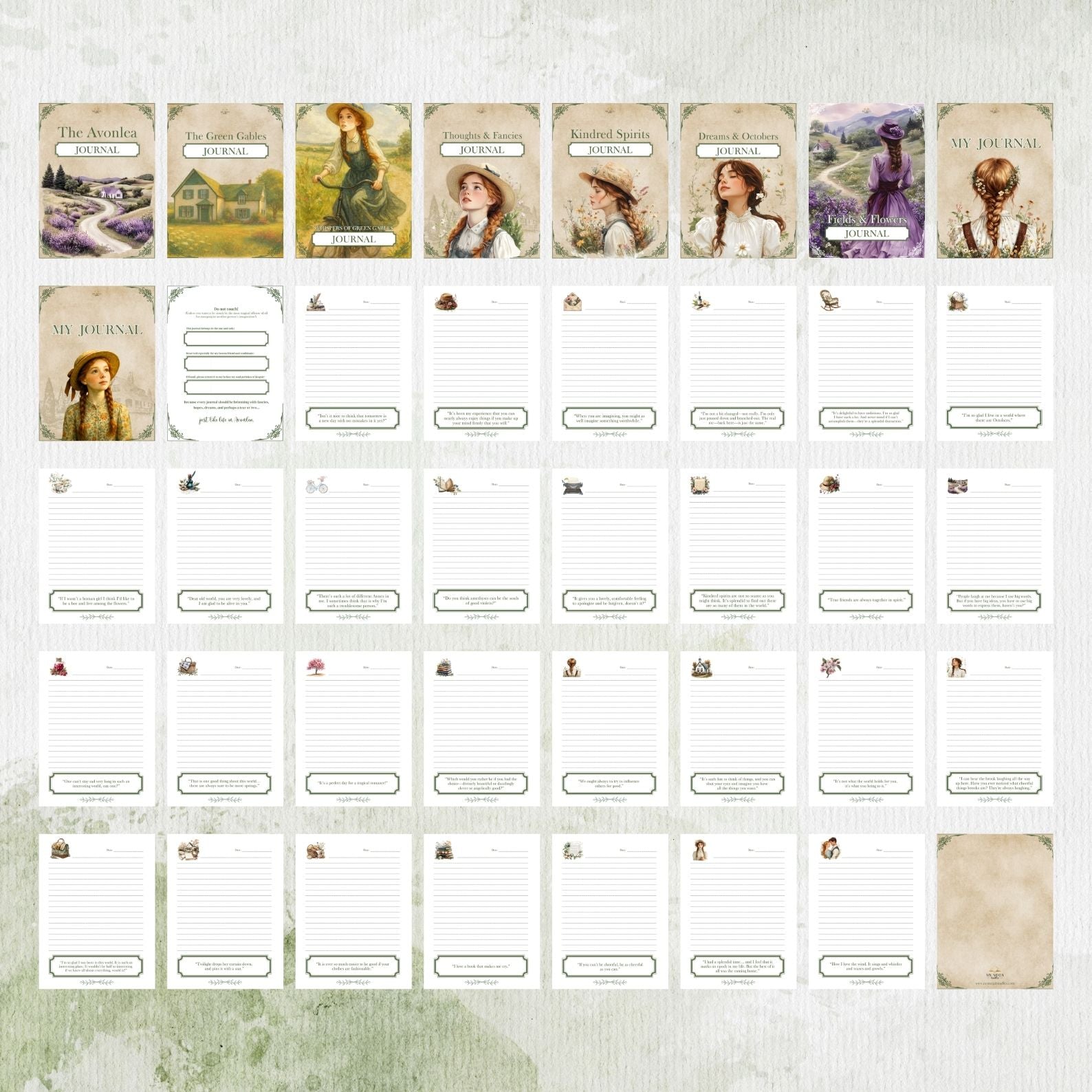 Full layout preview of all pages and covers in the Anne of Green Gables journal, including quote-lined writing pages and “This journal belongs to…” sheet