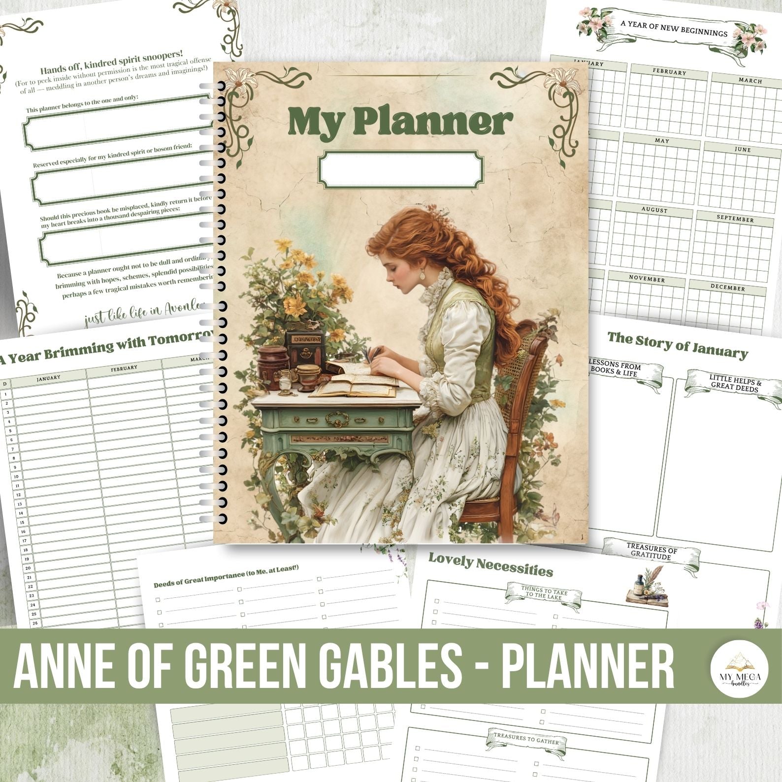 Illustrated planner pages with Anne of Green Gables quotes and artwork