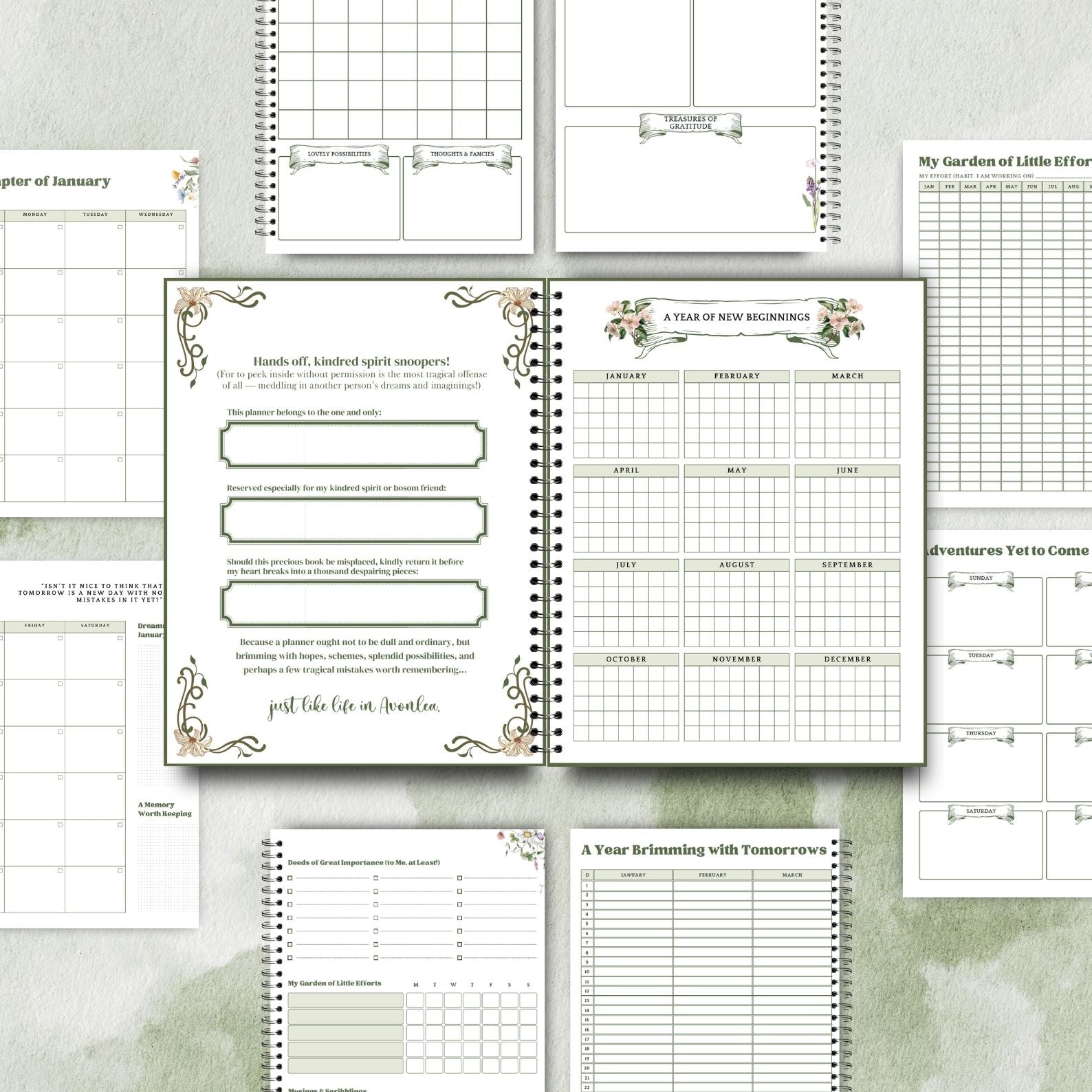 Habit tracker and reading log pages with vintage Anne-themed layout