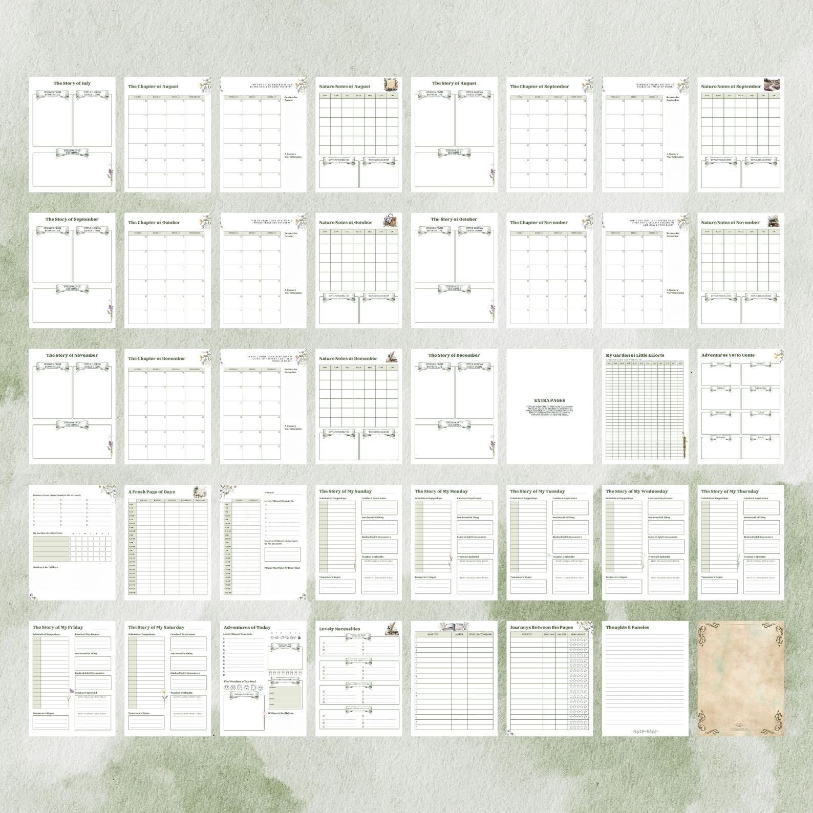 Second layout of Anne of Green Gables planner interior pages showcasing themed worksheets like “The Story of My Week,” daily reflections, and student logs