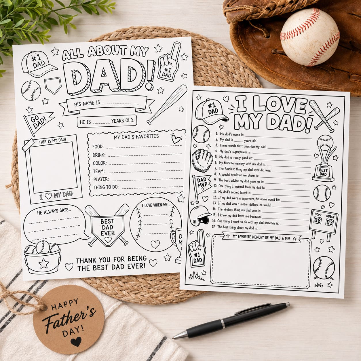 Baseball Dad Father's Day Printable Gift Pack — Coloring Pages, Certificate & Coupons