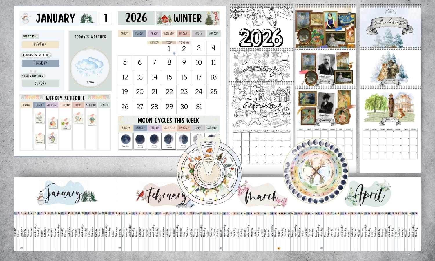 Winter Calendar Bundle, six calendar printable set