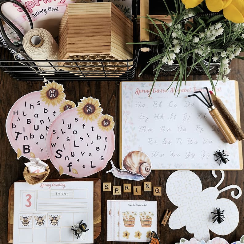 Cursive word tracing worksheet with spring words honey bee and dandelions