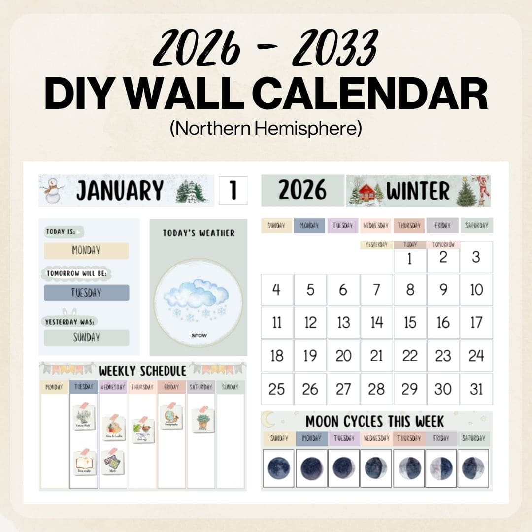 2026-2033 DIY Wall Calendar with various sections on a beige background