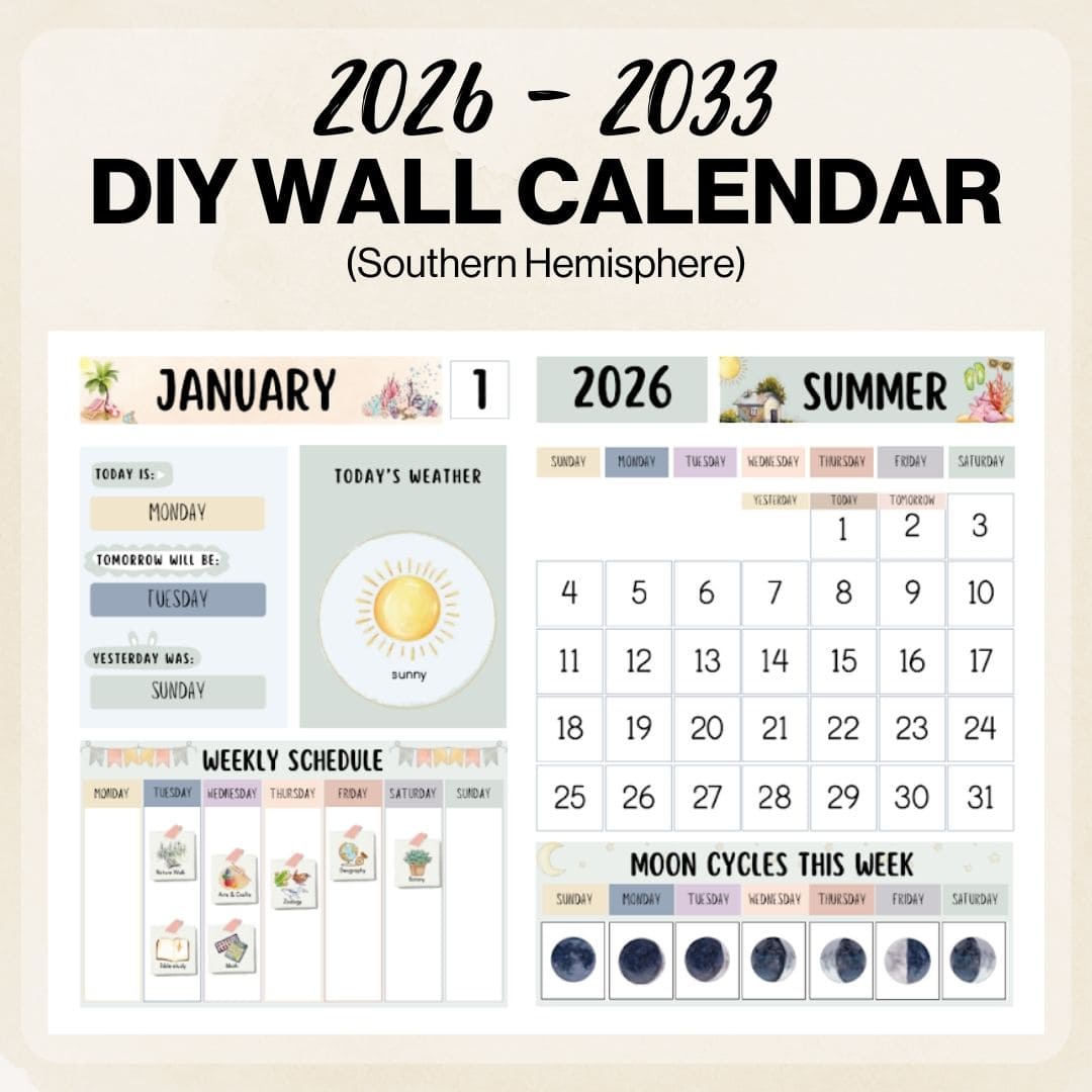 2026-2033 DIY wall calendar with various sections on a beige background