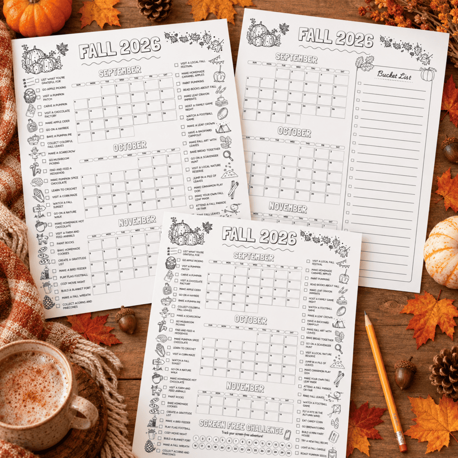 Four printable Fall 2026 planner pages arranged on a rustic wooden surface with autumn props including pumpkins, acorns, pinecones, orange leaves, a pencil, and a mug of coffee. The pages feature black-and-white monthly calendar layouts with seasonal illustrations.