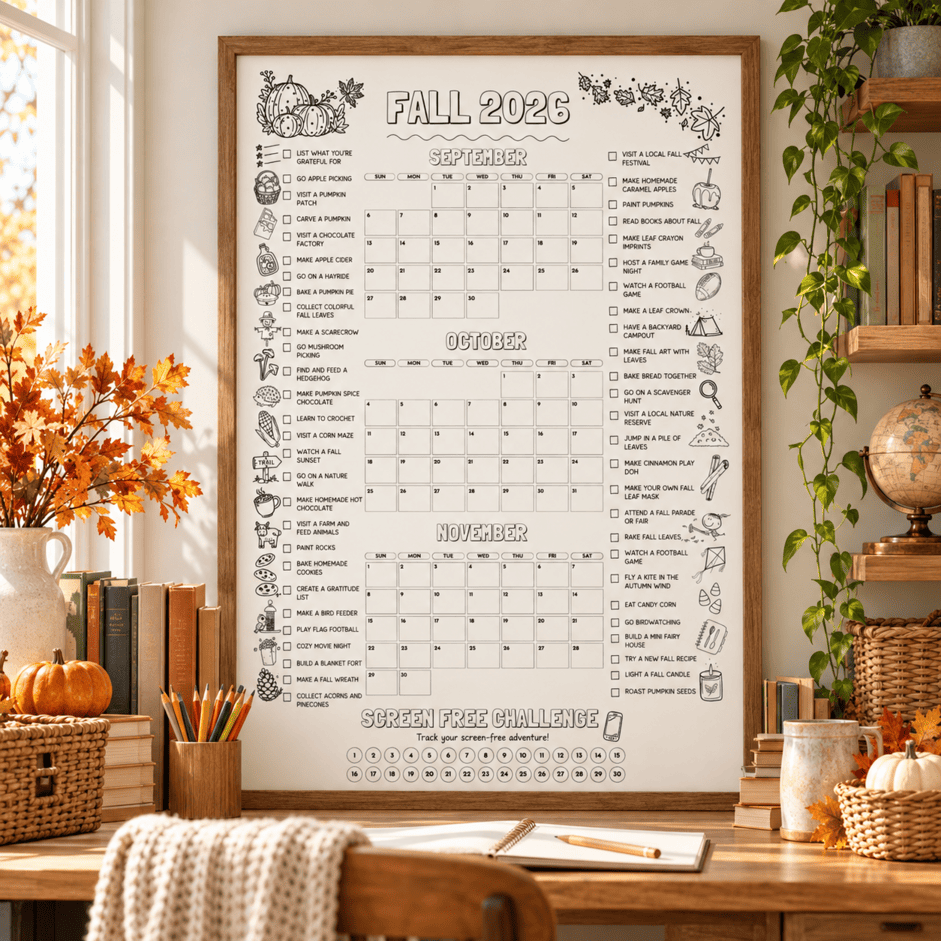 A framed fall-themed 2026 planner calendar hangs on a wall in a cozy home office or study. The white board features black line drawings and text for September, October, and November, with a 'Squishy Free Challenge' section at the bottom.