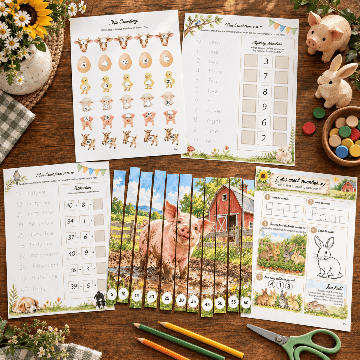 Farm Math Printable — Numbers 1–100, 74 Pages, Ages 3–7