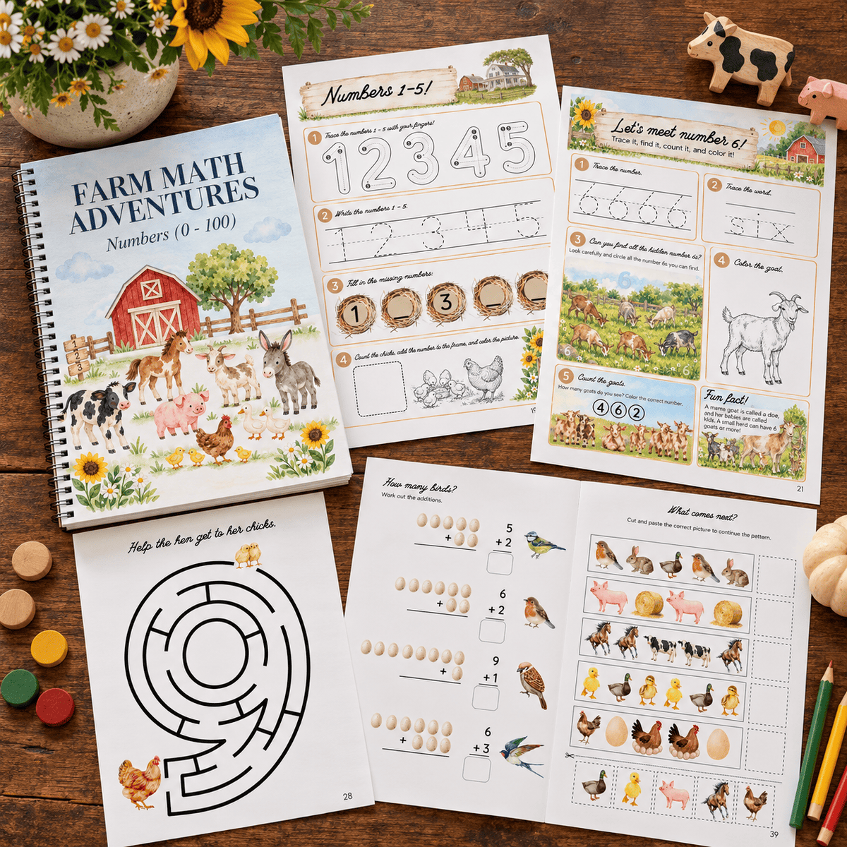 A children's farm-themed math workbook and activity sheets displayed on a wooden surface with decorative props. The set includes a spiral-bound book titled 'Farm Math Adventures Numbers 0-100,' several printed worksheets with numbers, farm illustrations, a maze page, and animal counting activities.