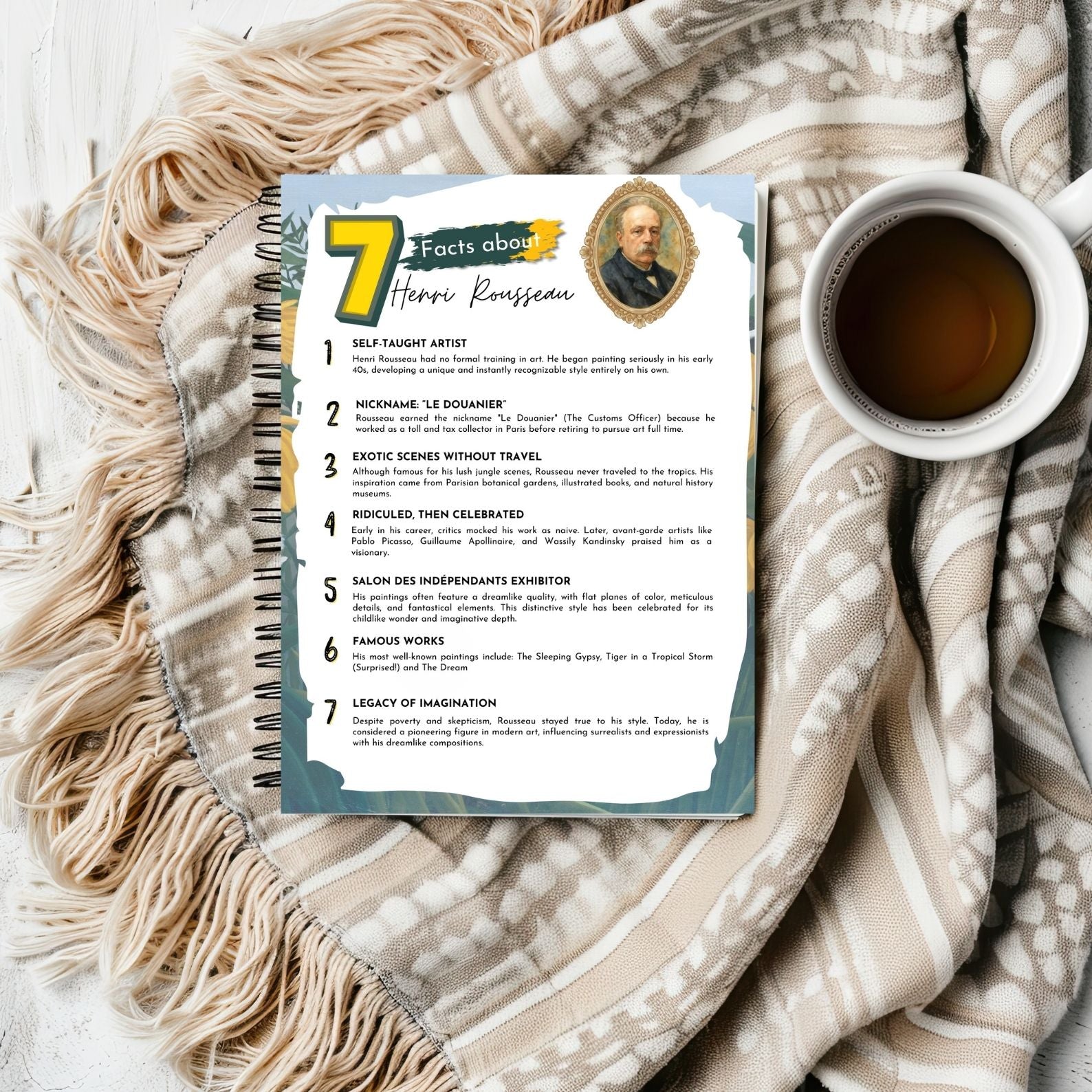 Sheet of paper with '7 Facts about Henri Rousseau' on a textured blanket with a cup of coffee.