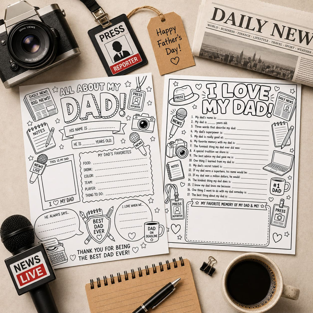 Journalist Dad Father's Day Printable Gift Pack — Coloring Pages, Cert