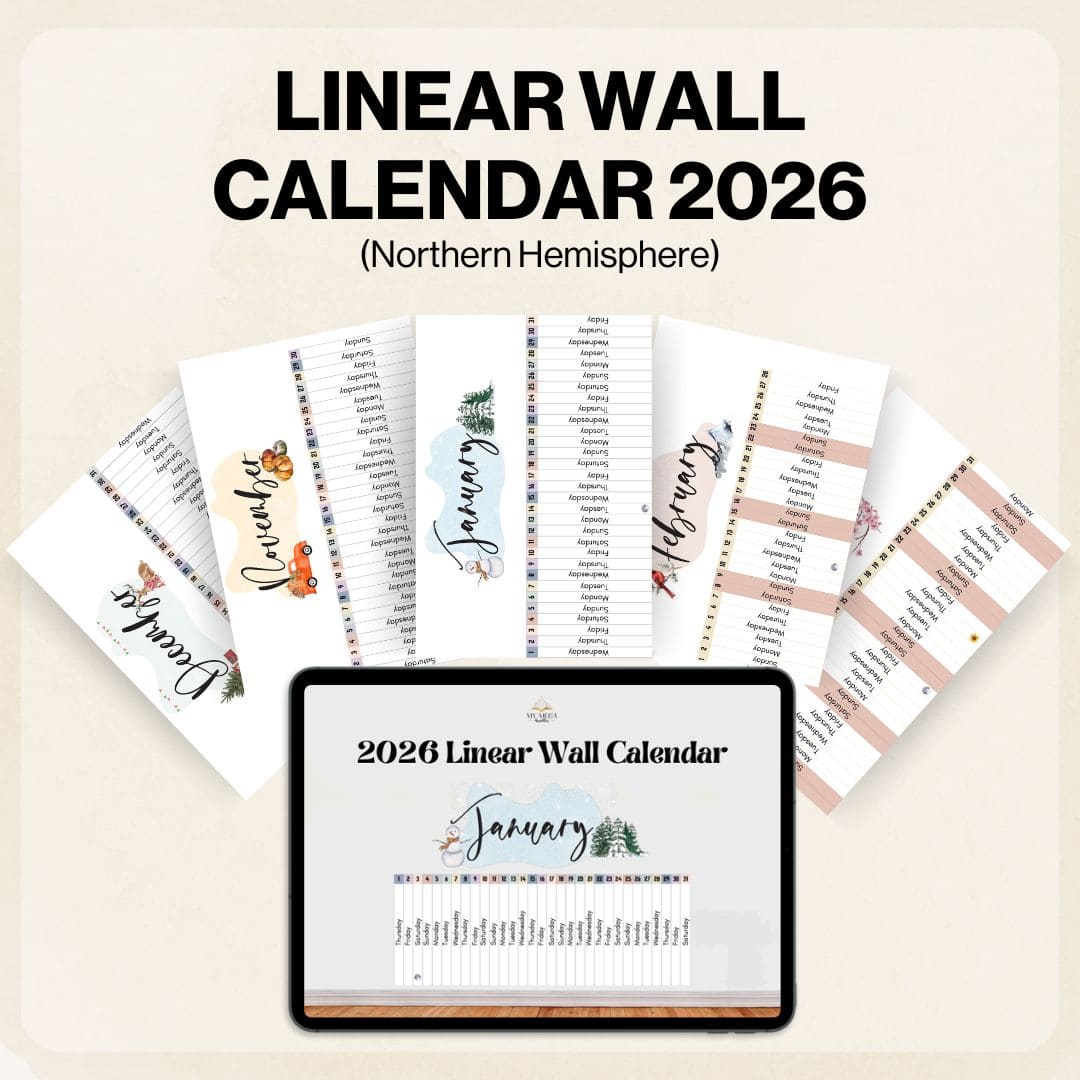 2026 Linear Wall Calendar with tablet displaying calendar view on a beige background