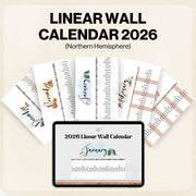 2026 Linear Wall Calendar with tablet displaying calendar view on a beige background