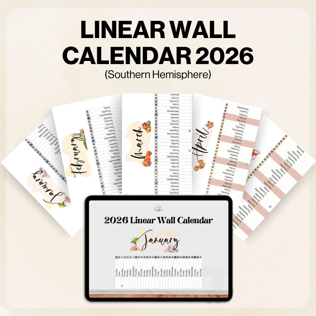2026 Linear Wall Calendar with monthly views and a digital mockup on a beige background