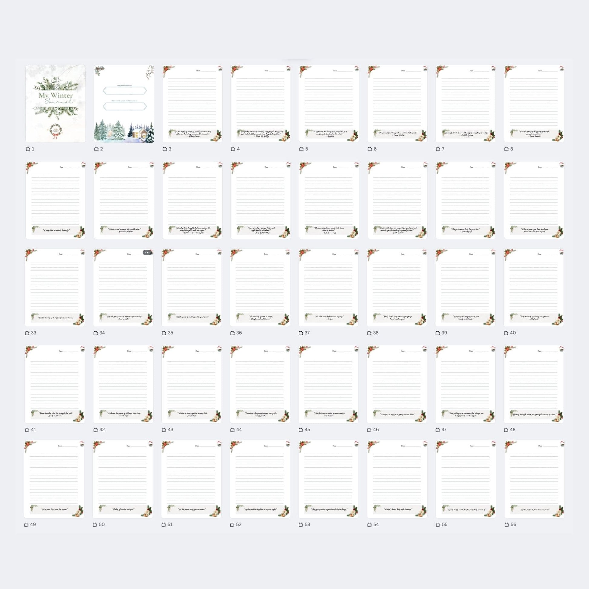 Grid of printed pages showcasig the winter journal for kids pages