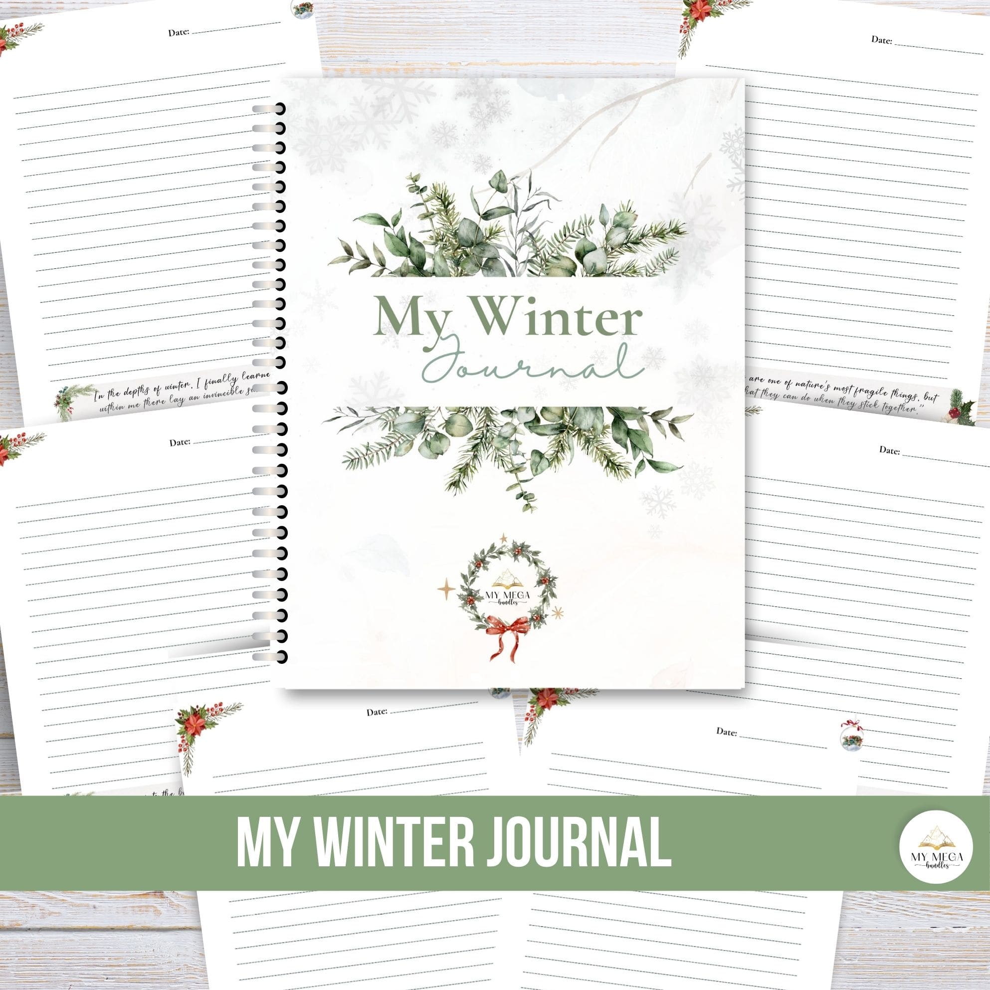 Winter journal with greenery design and lined pages on a white background