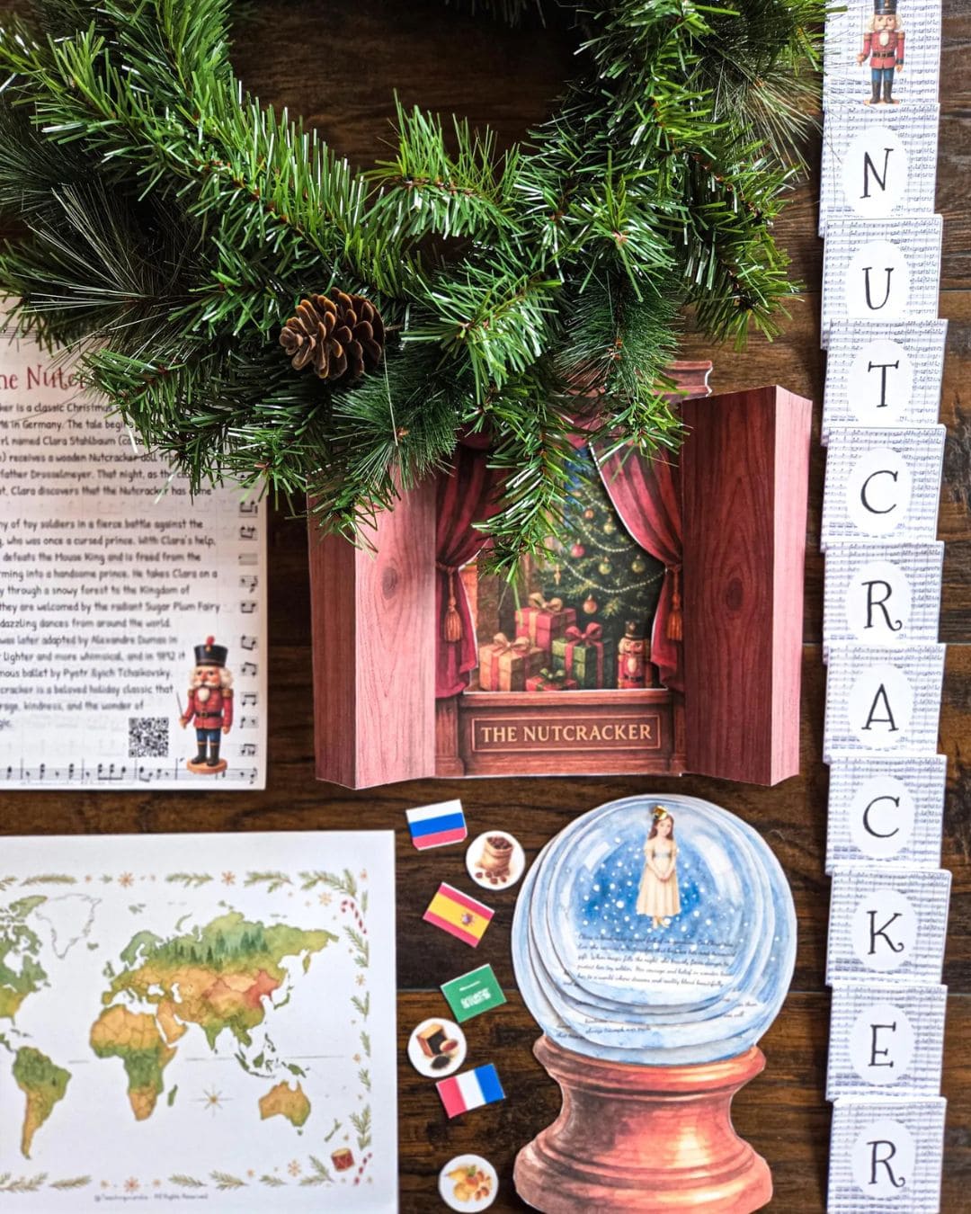 Decorative setup with 'The Nutcracker' themed items including a wreath, book, and snow globe.