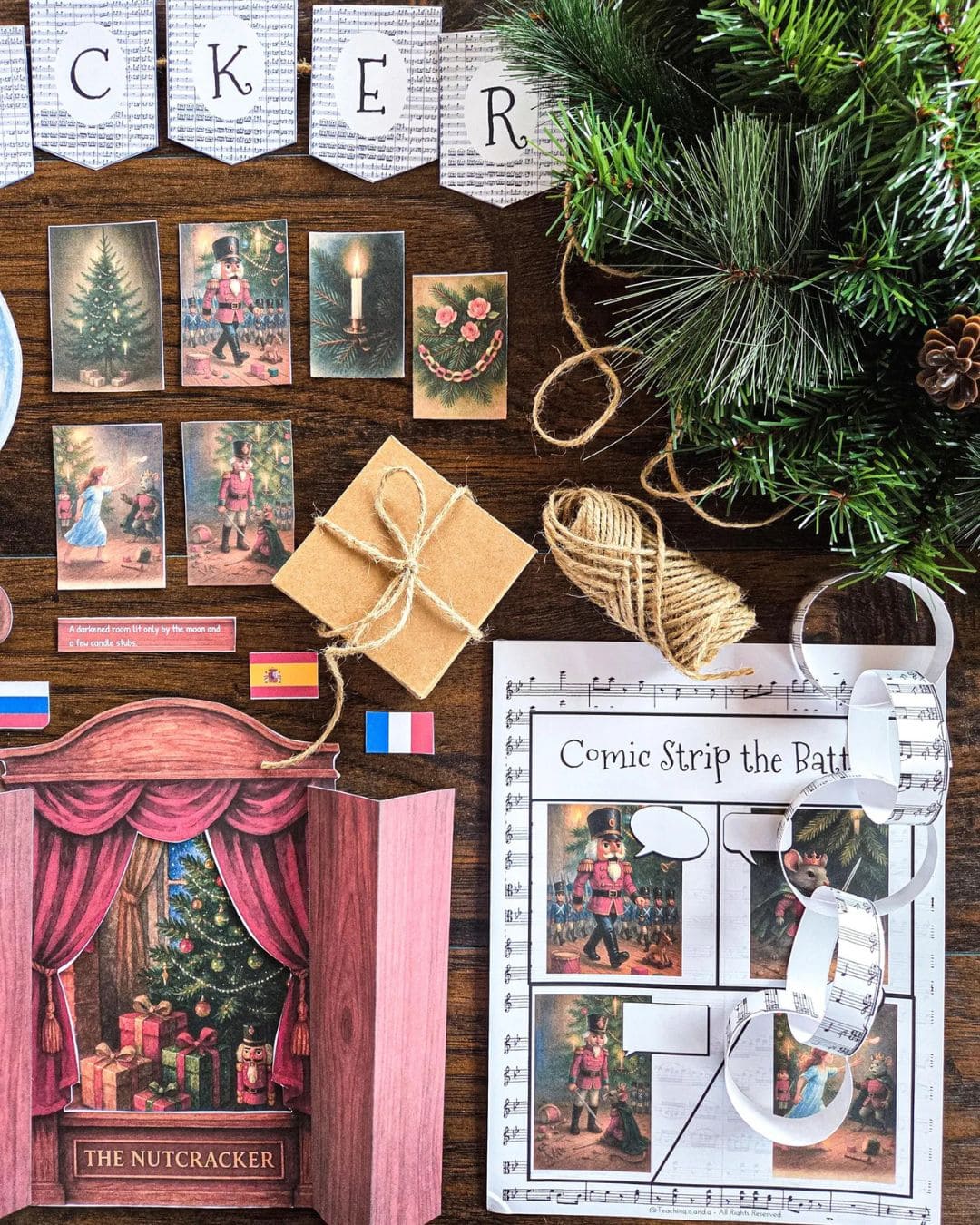 Nutcracker Book Study with decorative Christmas scene with cards, a gift, and festive elements on a wooden surface.