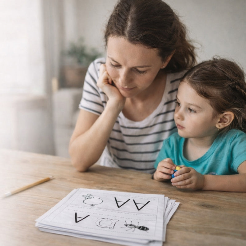A parent and child enjoying hands-on alphabet activities together