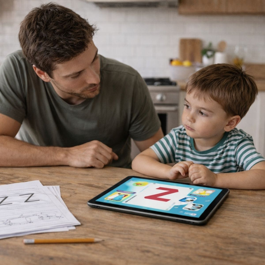 A parent and child exploring a letter together at the kitchen table