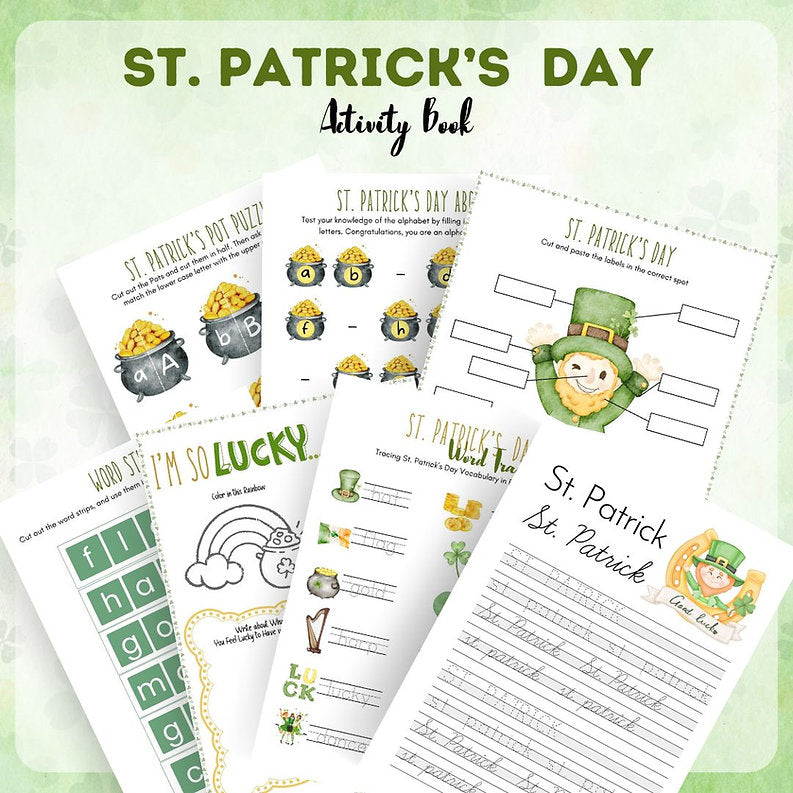 Printable St. Patrick's Day word search, crossword, and I Spy games for children