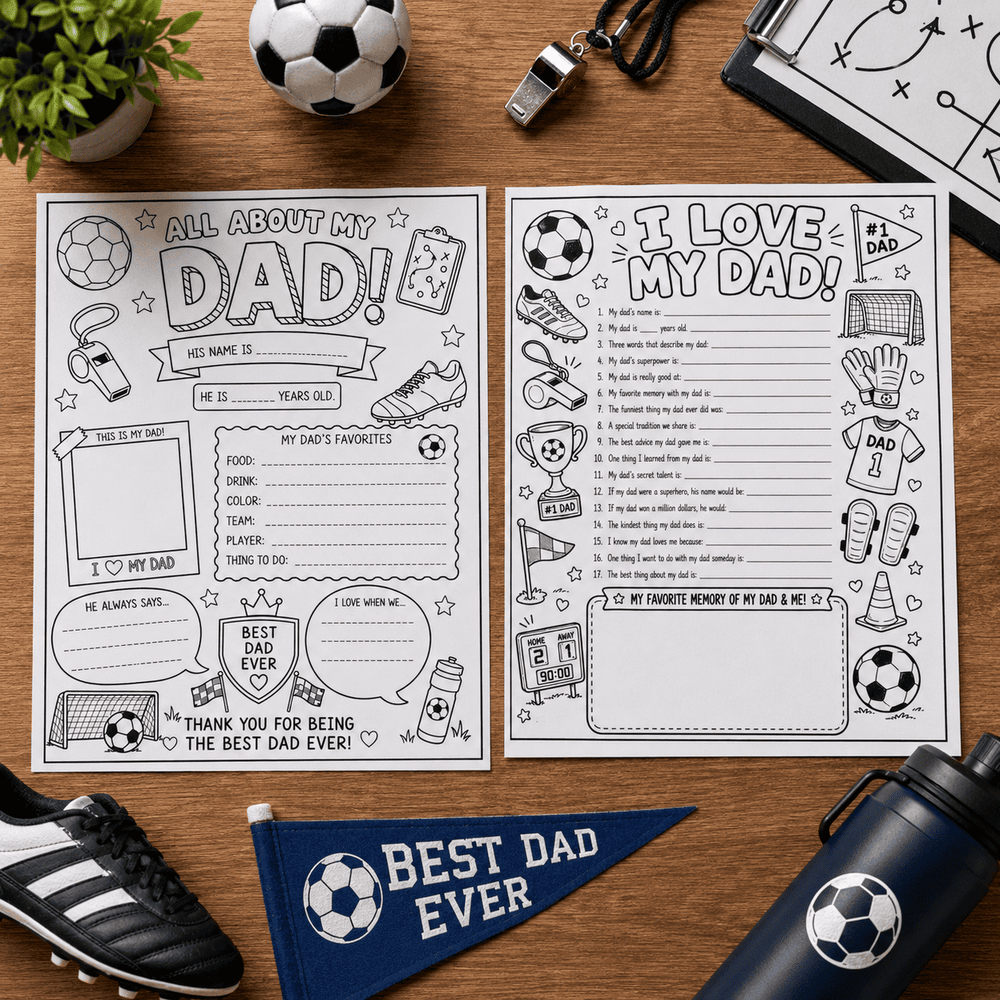 Soccer Dad Father's Day Printable Gift Pack — Coloring Pages, Certific