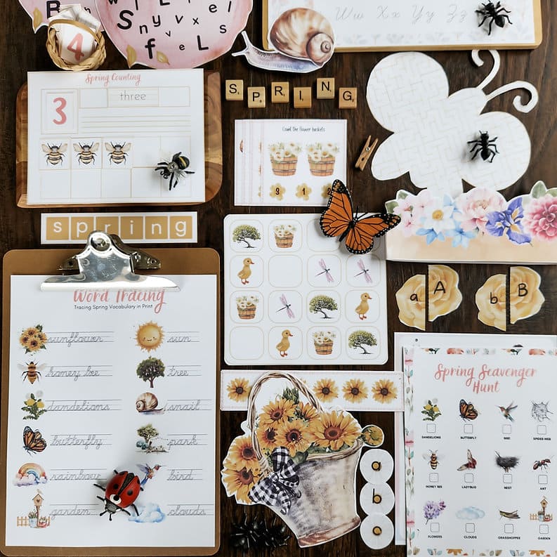 Spring activity book printable cover with watercolor flowers and birds