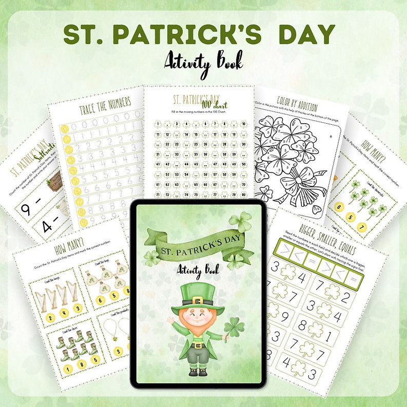 St. Patrick's Day Activity Book Printable cover page with 140 pages of worksheets and crafts for children ages 3 to 8